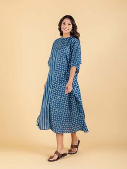 EKOHUM - Hand Block Printed Indigo Kaftan Dress With Pocket