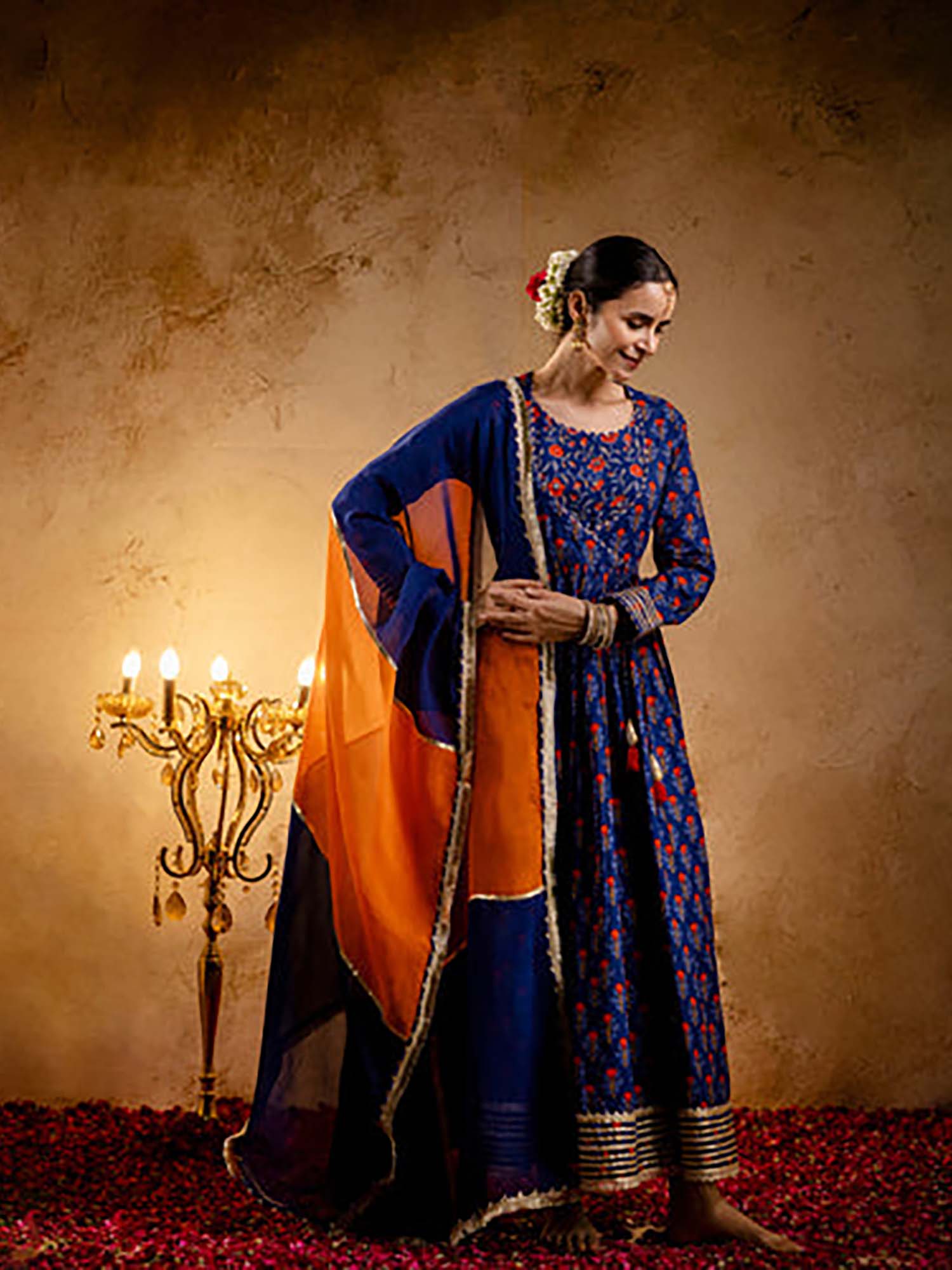 ekohum Blue Printed Cotton Zari Laces And Sequins Paired With Organza Dupatta-picture-10