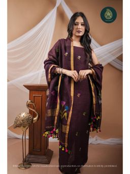 Ethnic Elements - Handwoven Linen Jamdani Floral Poise Unstitched Kurta With Dupatta