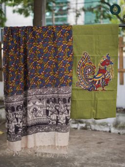 Ethnic Elements - Croco Green Kalamkari Unstitched Kurta With Bottom And Dupatta