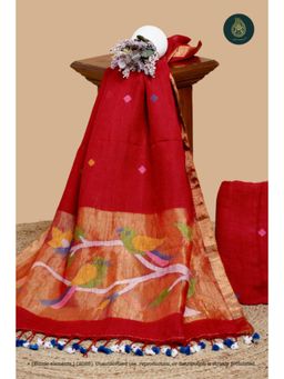 Ethnic Elements - Linen Red Unstitched Dress Material
