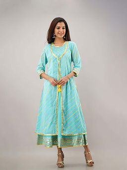 EKOHUM - Firozi Cotton Double Layered Leheriya Gota Work Kalidaar Dress
