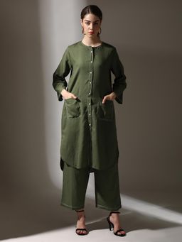 Dora Dori - Relaxed Fit Olive Solid Cotton Linen Round Neck Thread Work Kurta With Trouser