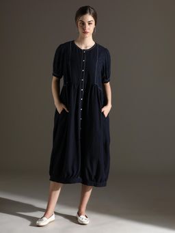 Dora Dori - Relaxed Fit Navy Blue Cotton Linen Embroidered Round Neck Cuffed Sleeves Dress