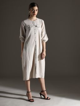 Dora Dori - Off White Solid Cotton Linen Round Neck Thread Work Puff Sleeves Dress