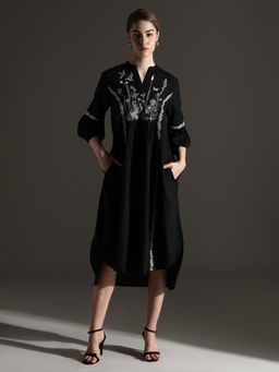 Dora Dori - Relaxed Fit Black Solid Cotton Linen Embroidered Mandarin Collar Dress