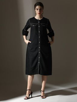 Dora Dori - Black Solid Cotton Linen Round Neck Thread Work Puff Sleeves Dress