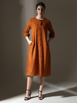 Dora Dori - Rust Solid Cotton Linen Round Neck Thread Work Puff Sleeves Dress