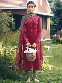 Stylee LIFESTYLE - Maroon Jam Satin Embroidered Dress Material (Set of 3)