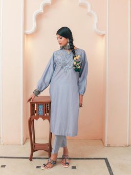 House of Surkh - Powder Blue Colour Embroidered Work Kurta with Pant (Set of 2)