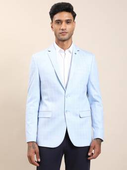 Turtle - Men Knitted Light Blue Checks Tailored Fit Blazer