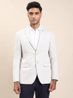 Turtle - Men Knitted Cream Solid Tailored Fit Blazer