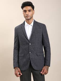 Turtle - Men Knitted Dark Grey Checks Tailored Fit Blazer