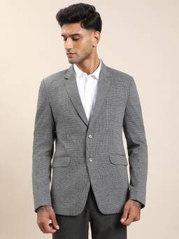 Turtle - Men Knitted Grey Self Design Tailored Fit Blazer