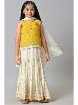 Aurelia - Yellow Printed Sleeveless Top With White Printed Skirt And Dupatta (Set of 3)