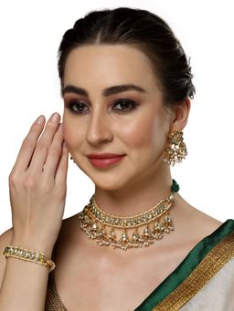 Dugran By Dugristyle - Green and Gold Drop Earring with Kundan and Pearls