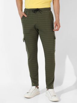 Campus Sutra - Men Olive Green Striped Regular Fit Trackpants