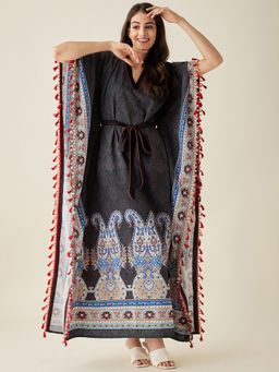 The Kaftan Company - Black Paisley Printed Crepe Kaftan Nightdress
