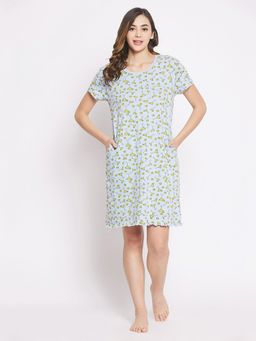Clovia - Margarita Print Short Night Dress In Light Blue - 100 Percent Cotton