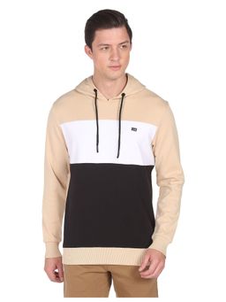 Arrow - Sports Men Beige Logo Colour Block Hooded Sweatshirt