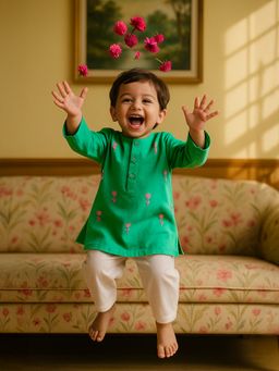 Somersault - Embroidered Green Cotton Kurta with Pyjama