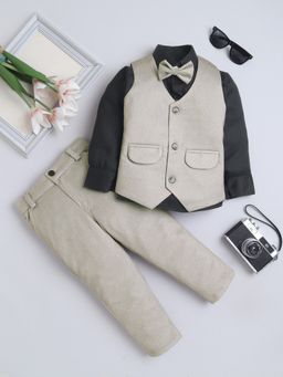 FOURFOLDS - Boys Beige Cotton Blend Solid Formal Set