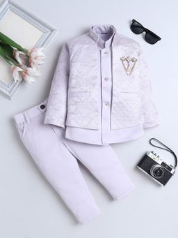 FOURFOLDS - Boys Lavender Polyester Embroidered Sherwani with Trouser and Shrug