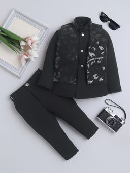 FOURFOLDS - Boys Black Cotton Blend Embellished Sherwani with Trouser and Shrug