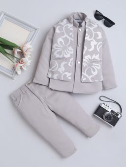 FOURFOLDS - Boys Grey Cotton Blend Embellished Sherwani with Trouser and Shrug