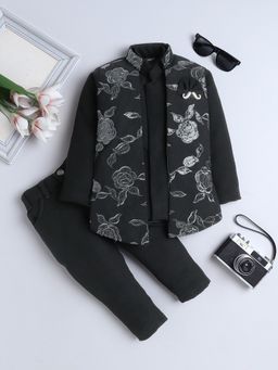 FOURFOLDS - Boys Black Cotton Blend Embroidered Sherwani with Trouser and Shrug