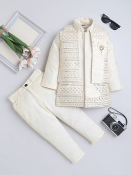 FOURFOLDS - Boys Cream Polyester Embroidered Sherwani with Trouser and Shrug