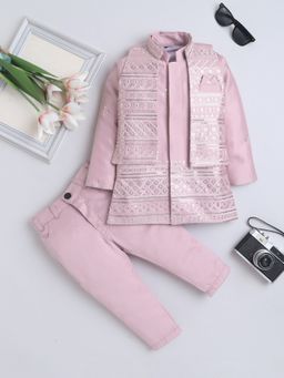 FOURFOLDS - Boys Pink Polyester Embroidered Sherwani with Trouser and Shrug