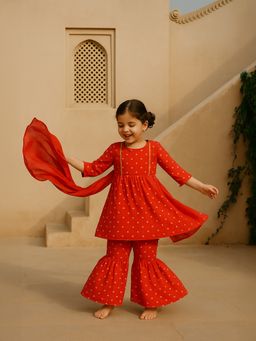Somersault - Red Bandhani Print Kurta and Sharara with Dupatta