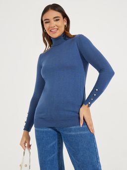 Styli - Women Blue Slim Fit Turtle Neck Sweater