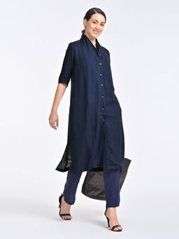Saltpetre - Women Solid Navy Blue Linen Long Co-Ord (Set of 2)