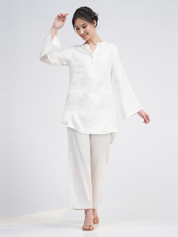 Saltpetre - Women Solid Cream V-Neck Tunic with Wide Leg Pants 2 Piece Set (Set of 2)