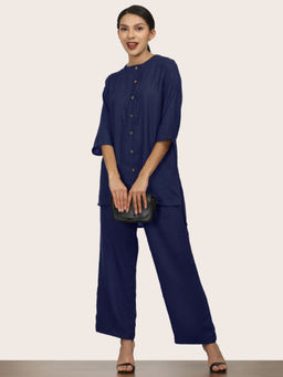 Saltpetre - Women Solid Navy Round Neck Tunic with Wide Leg Pants 2 Piece Set (Set of 2)