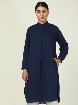 Saltpetre - Women Solid Navy Mandarin Neck With Front Buttons Overlay