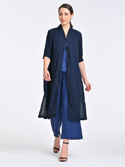 Saltpetre - Navy Blue Women Solid Navy Linen High Neck Collar Overlay