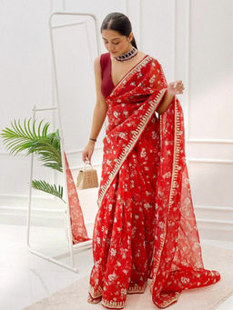 Odette - Red Digital Printed Organza Silk Saree With Blouse Piece