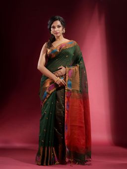 CHARUKRITI - Pine Green with Foliage Motif and Zari Temple Border Saree with Unstitched Blouse