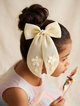 Choko - Girls Lemony Organza Bow Alligator Hairclip - Cotton Flower And Pearl