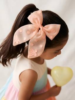 Choko - Girls Pink Organza Bow Alligator Hairclip With Threaded Flower