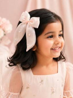 Choko - Girls Peach Organza Bow Alligator Hairclip With Pearl Embellishments Festive