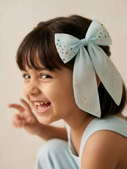 Choko - Girls Blue Organza Bow Hairclip With Crystal Stone Embellishments Party Hair