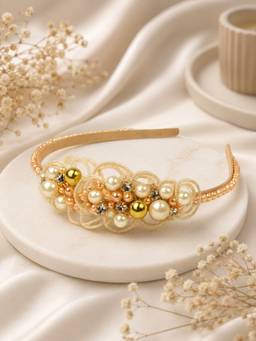 Choko - Cream Pearl Embellished Hairband For Girls Festive Hair Accessory With Stone