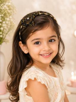 Choko - Crystal Beaded Black & Gold Floral Hairband For Girls - Black & Gold Party
