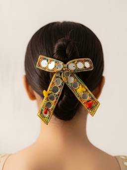 Choko - Mirrorwork Bow Hairclip Multicolor With Beaded Tassel For Girls - Ethnic