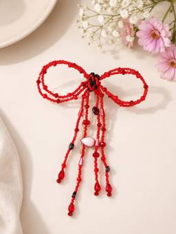 Choko - Bold Red Beaded Bow Hair Pin Handmade Festive Hair Accessory For Girls
