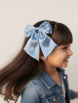 Choko - Dusty Blue Oversized Bow Alligator Hair Clip For Girls - Satin Everyday Charm